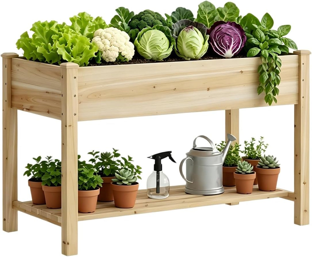 Wood Elevated Garden Bed with ShelfWood Elevated Garden Bed with Shelf