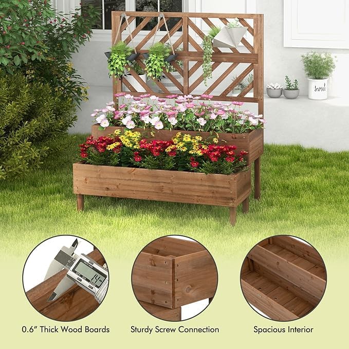 2-Tier Wood Elevated Garden Bed Trellis
