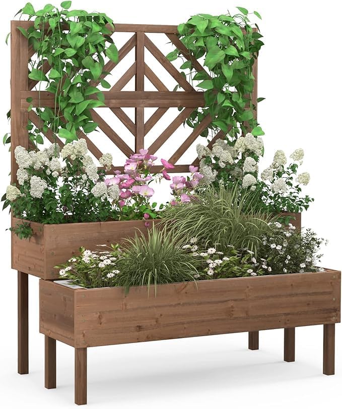 2-Tier Wood Elevated Garden Bed Trellis