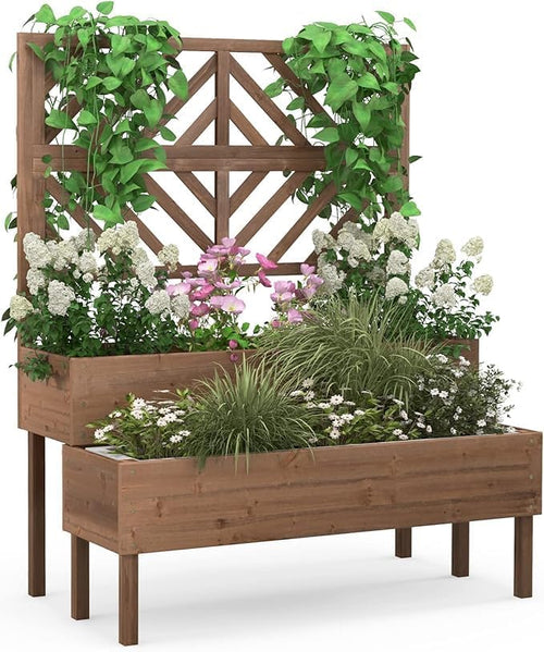 2-Tier Wood Elevated Garden Bed Trellis