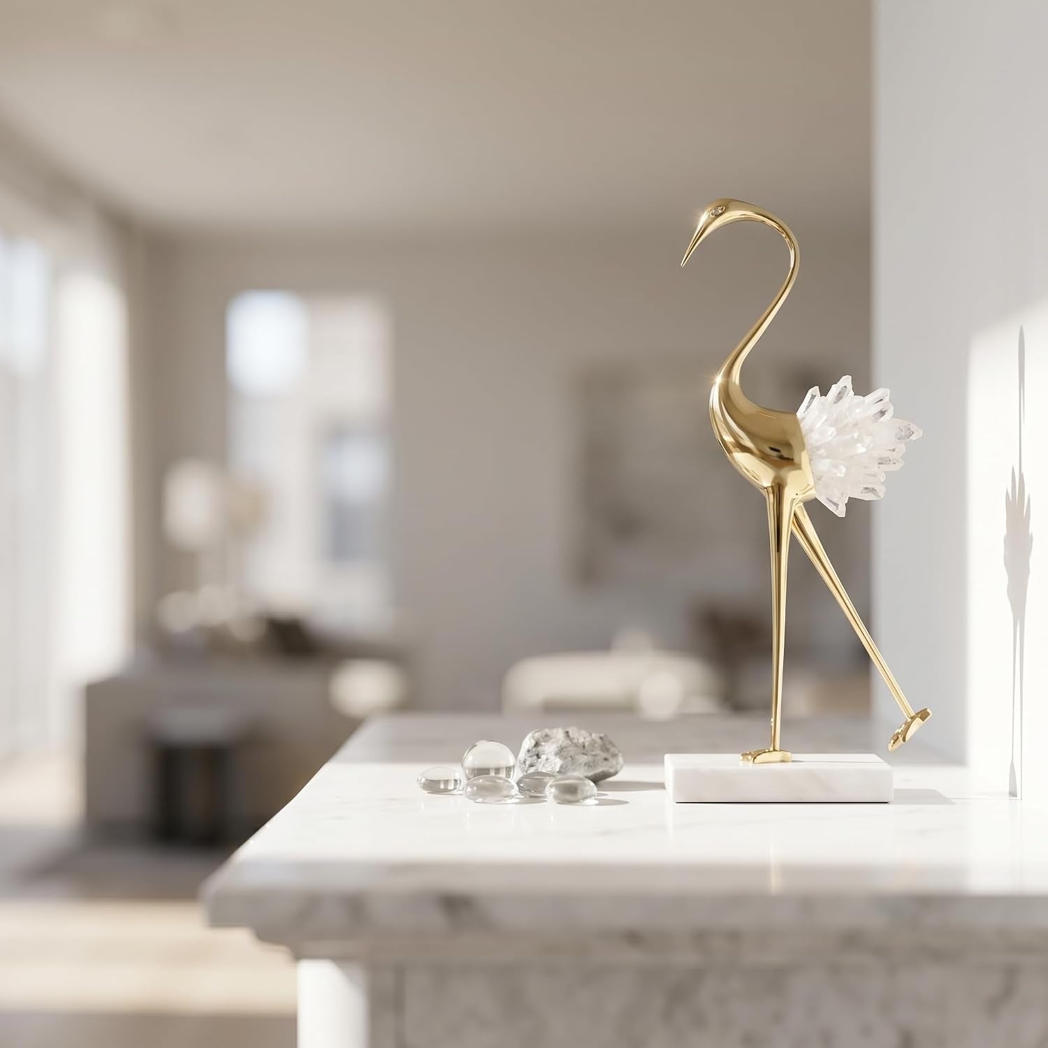 Gold Crystal Tail Crane Bird Statues