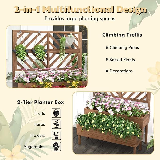 2-Tier Wood Elevated Garden Bed Trellis