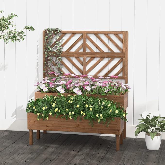 2-Tier Wood Elevated Garden Bed Trellis