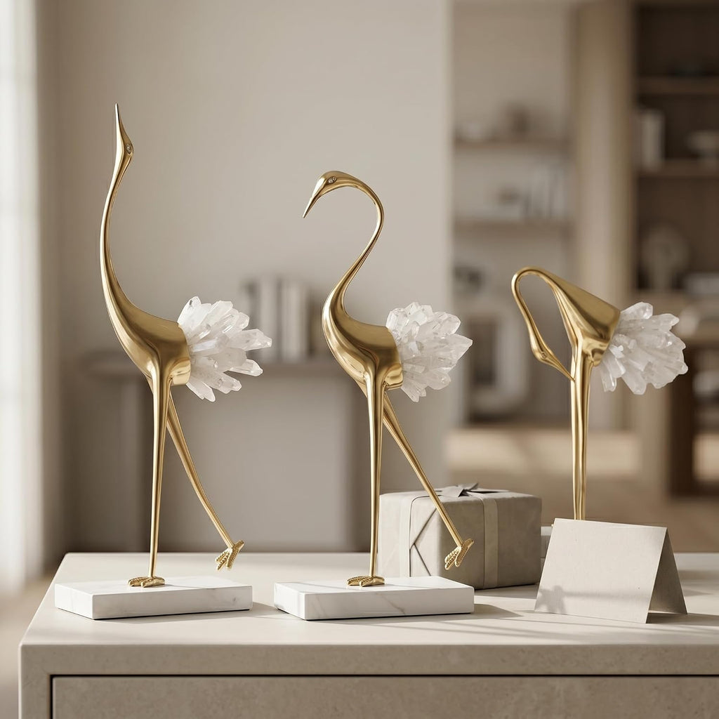 Gold Crystal Tail Crane Bird Statues