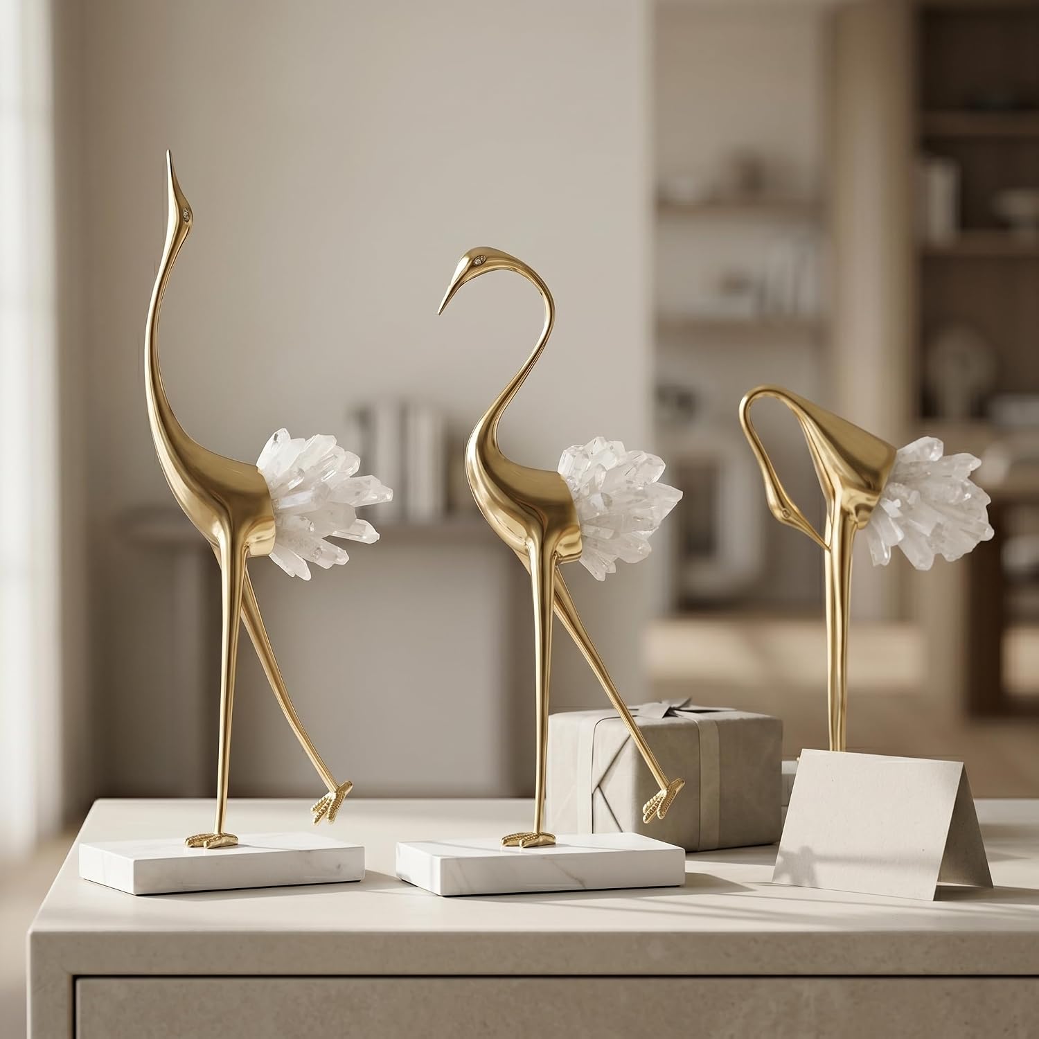 Gold Crystal Tail Crane Bird Statues