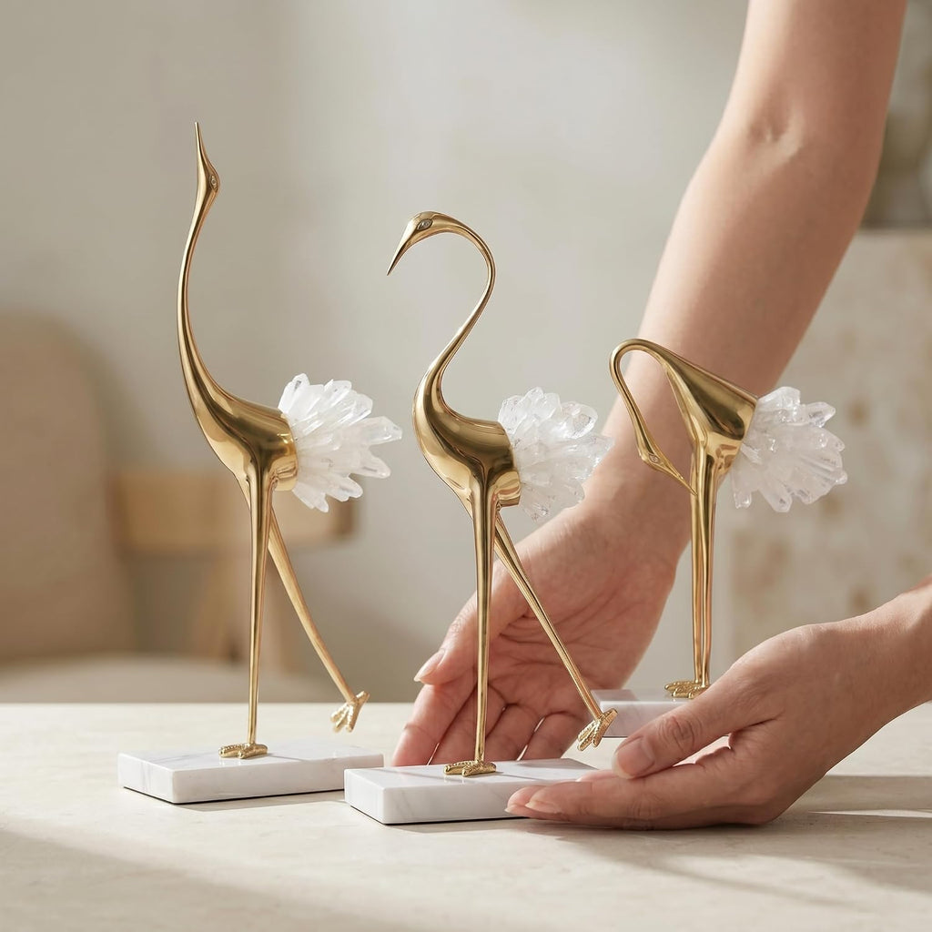 Gold Crystal Tail Crane Bird Statues
