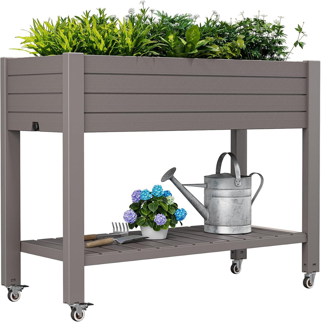 Gray Wheeled Elevated Garden Planter