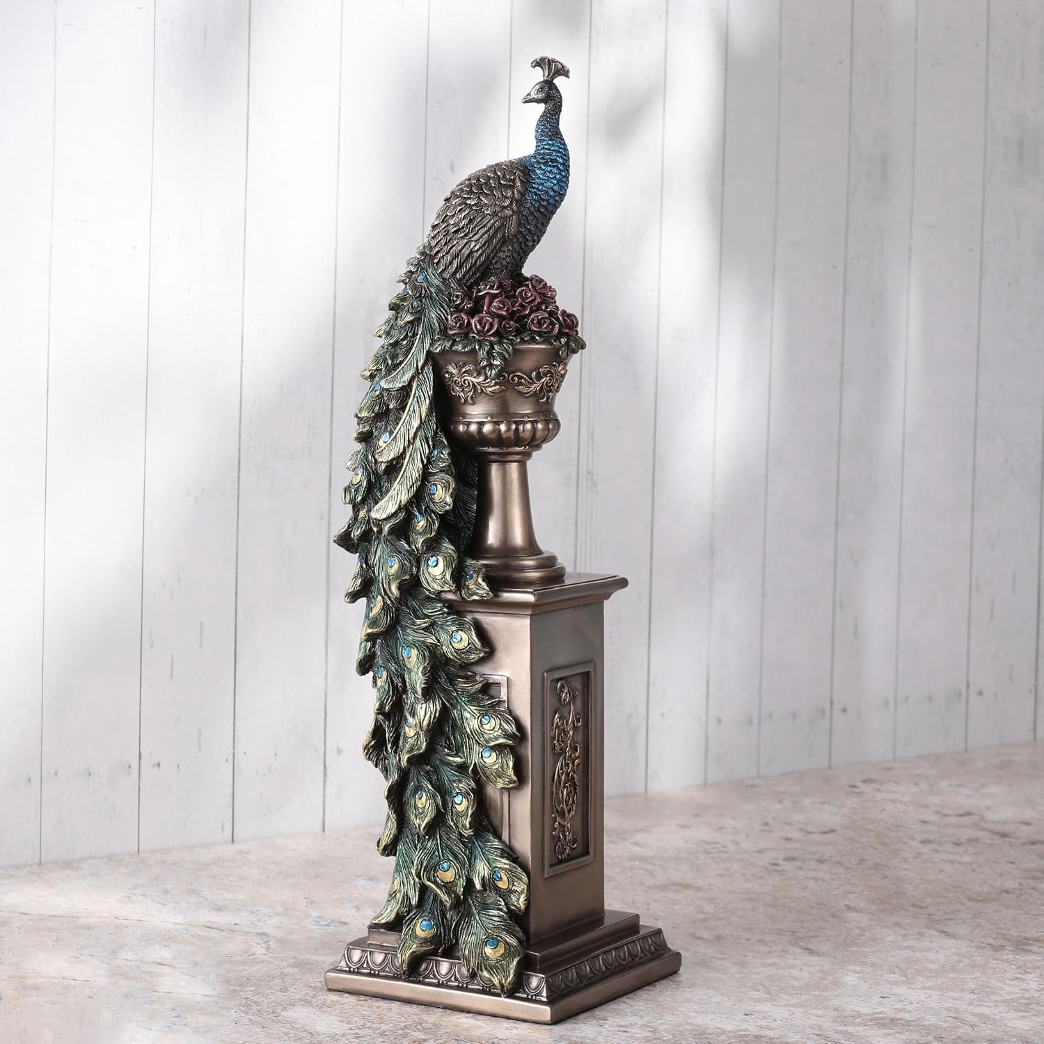 Bronze Peacock Column Vase Sculpture