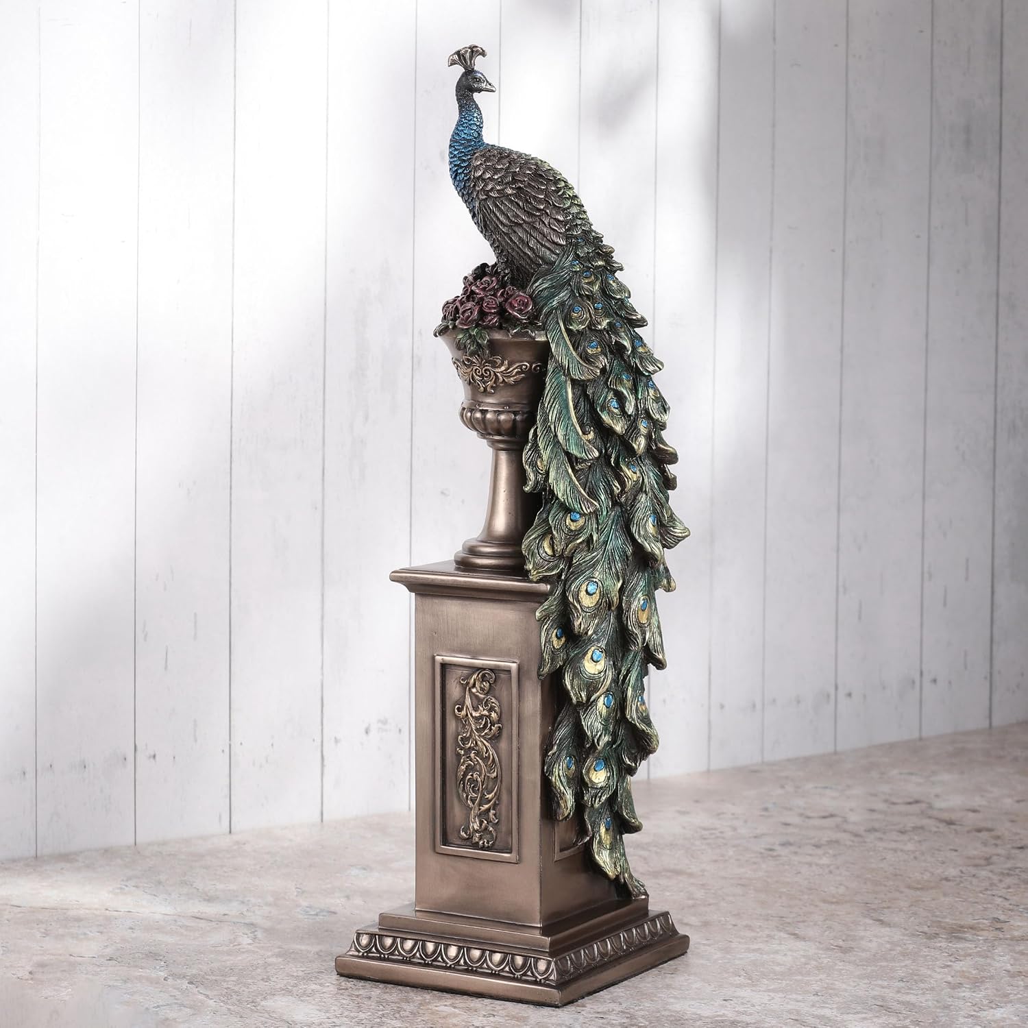 Bronze Peacock Column Vase Sculpture
