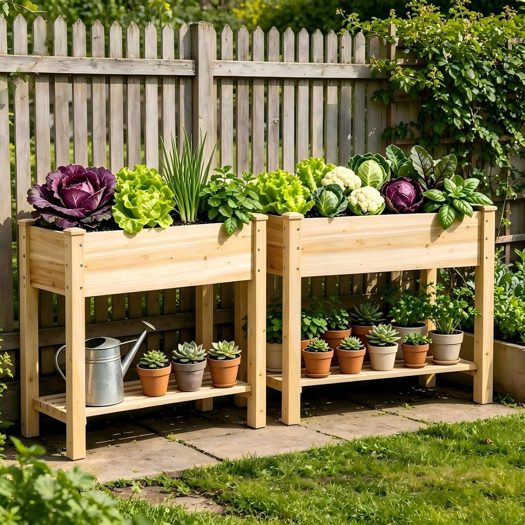 Wood Elevated Garden Bed with ShelfWood Elevated Garden Bed with Shelf