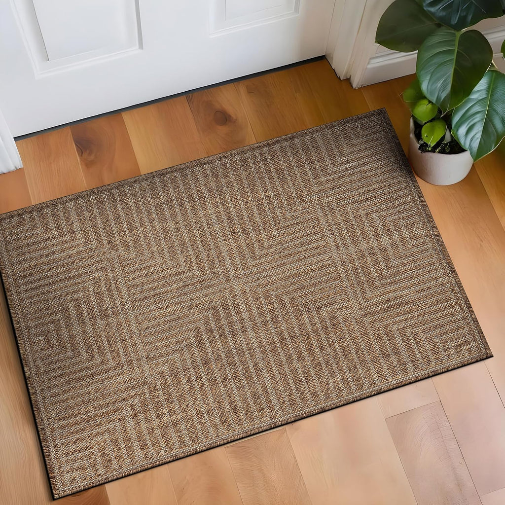 Sand Geometric Flat Woven Indoor Outdoor Rug 2'x3'
