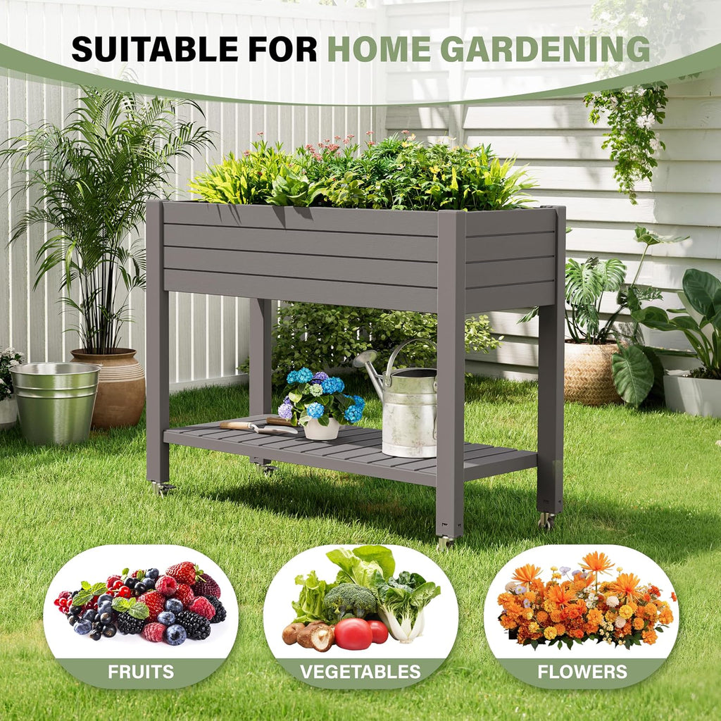 Gray Wheeled Elevated Garden Planter