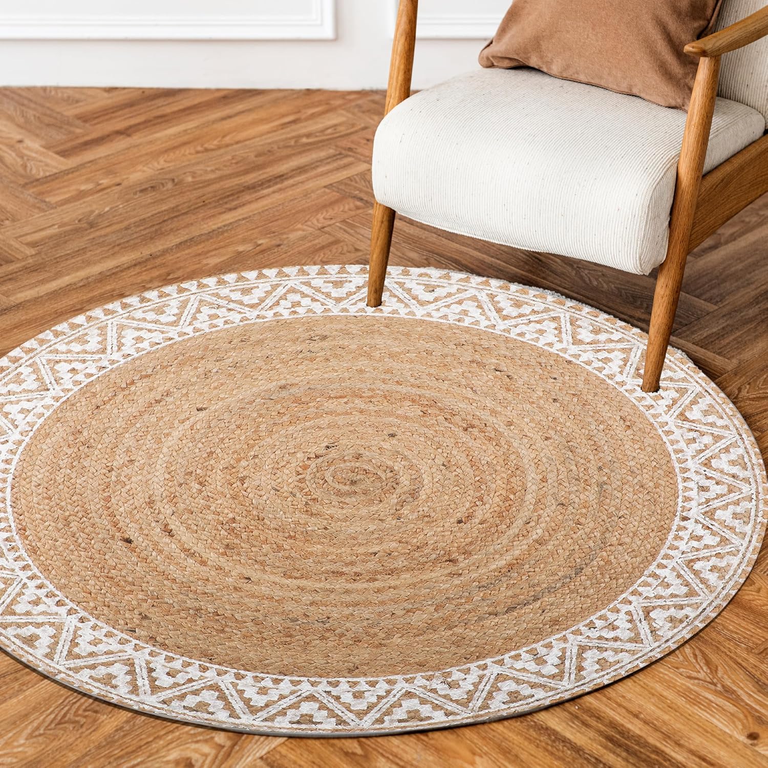 Round Braided Jute Rug 5ft White Border