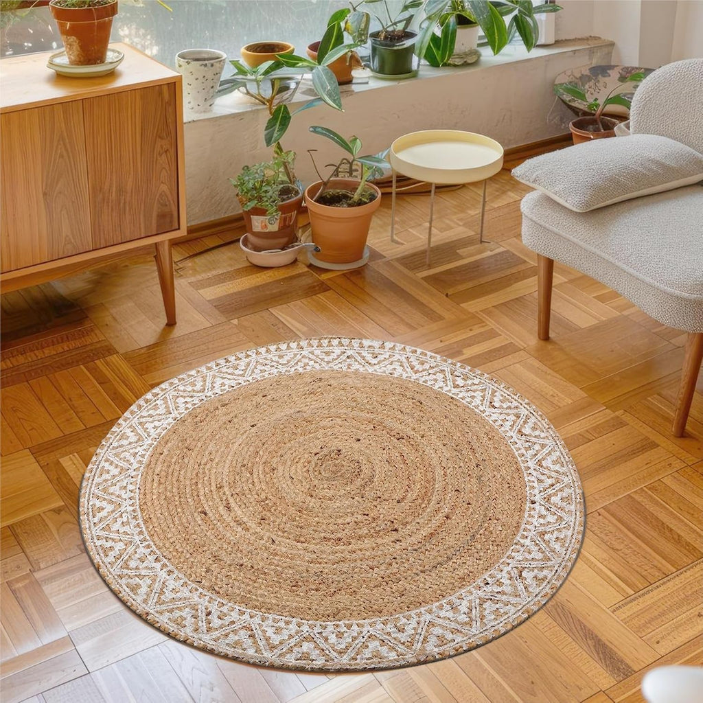 Round Braided Jute Rug 5ft White Border
