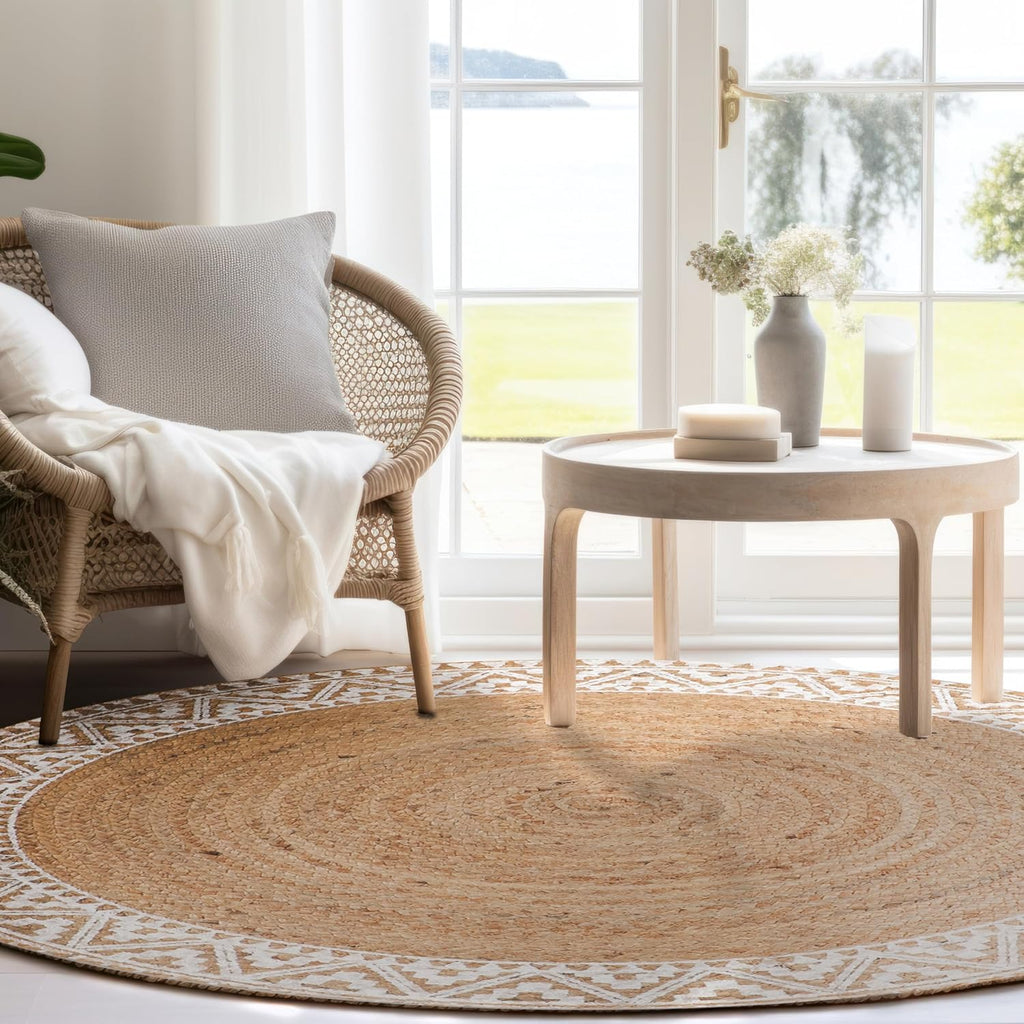 Round Braided Jute Rug 5ft White Border