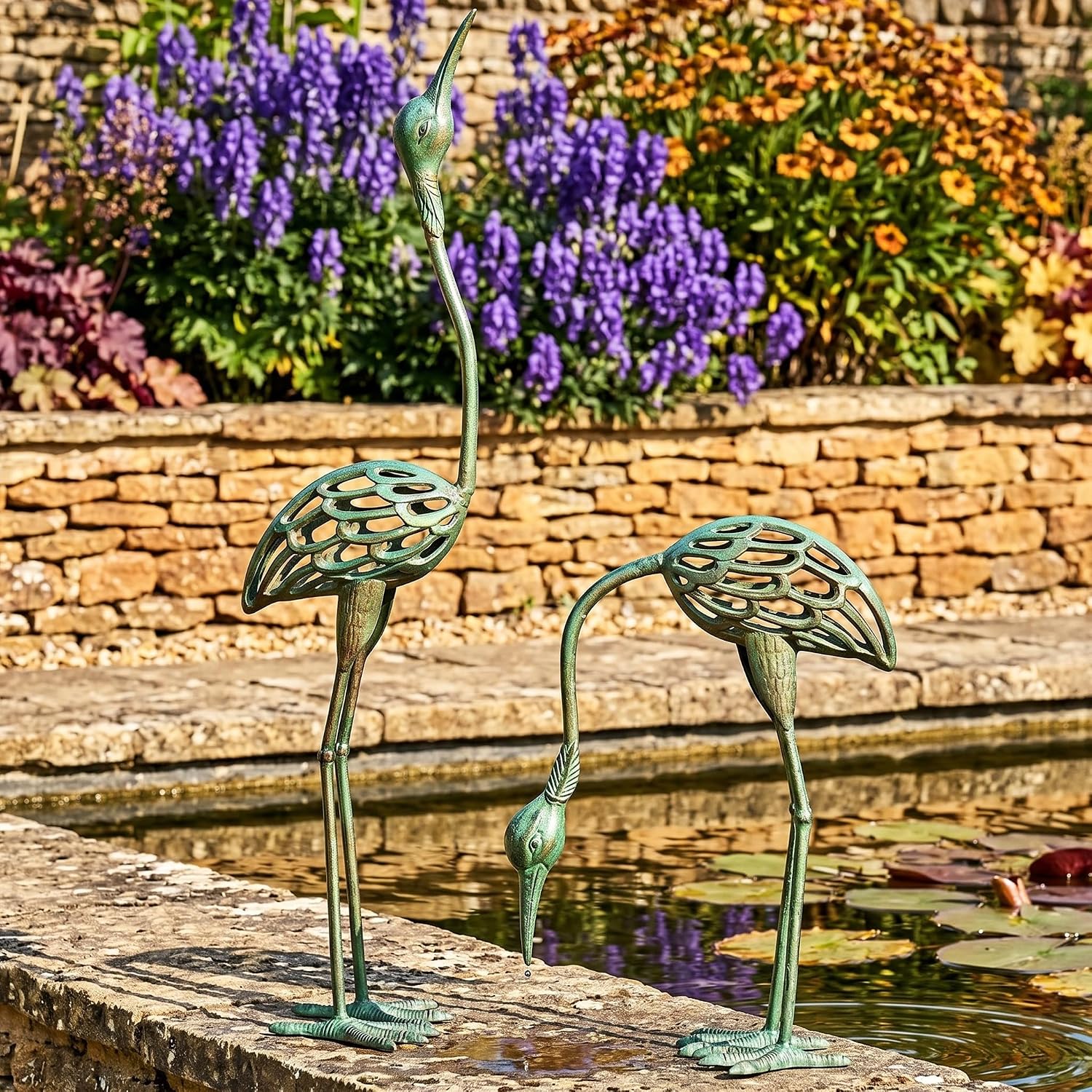 Antique Green Cast Iron Crane Statues Set of 2