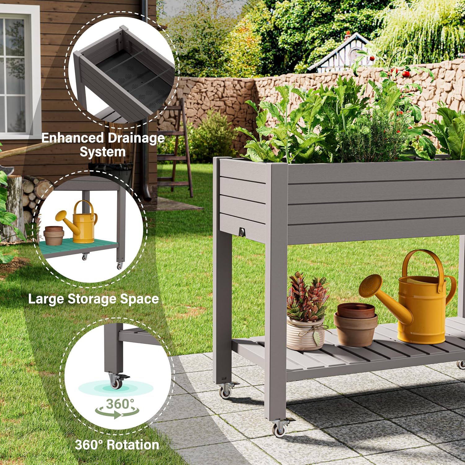 Gray Wheeled Elevated Garden Planter