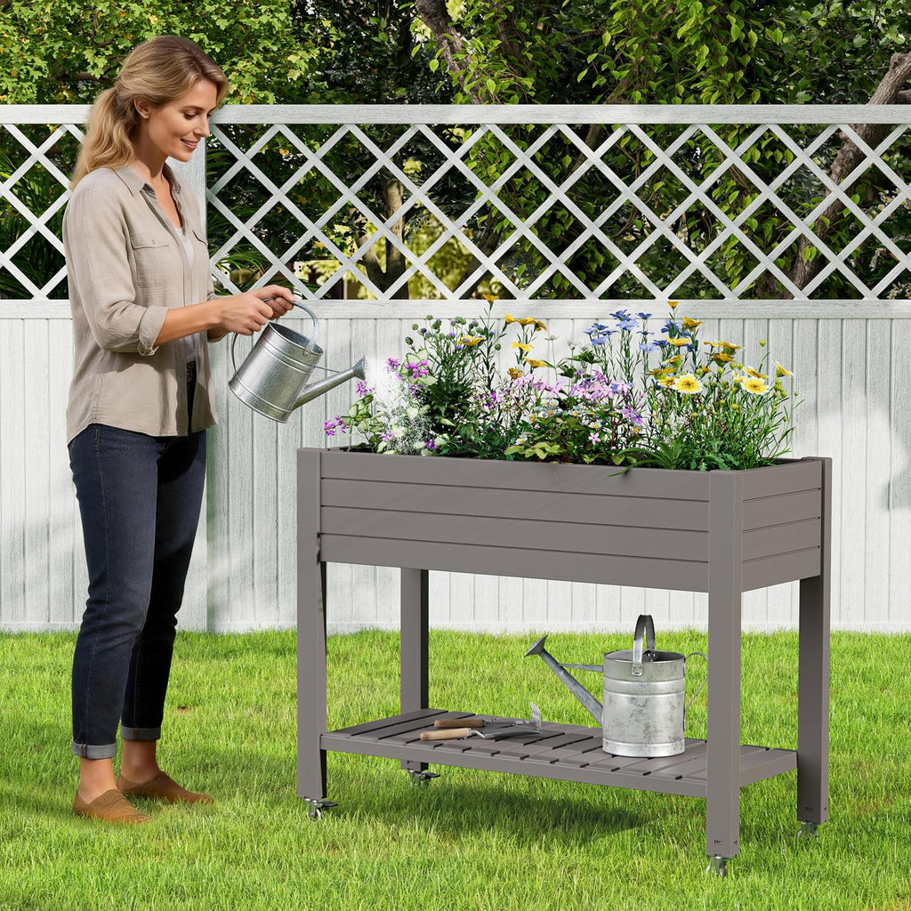 Gray Wheeled Elevated Garden Planter